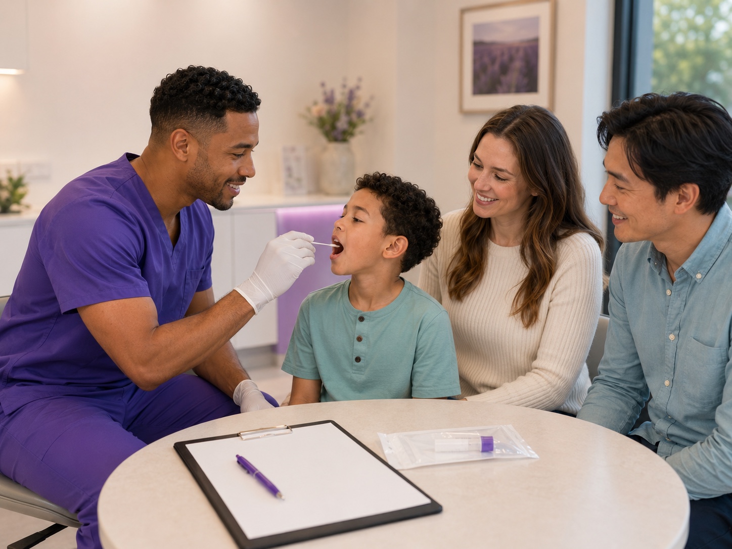 Vitalyft Medical team member collecting a DNA cheek swab from a child with family present